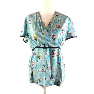 Peanuts Women's Scrub Top Christmas Winter Size Medium Blue Snoopy Lucy Flaw